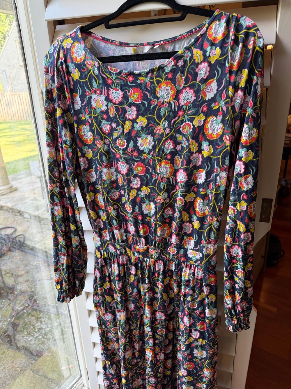 Boden Black Floral Long-Sleeve Midi Dress with Pink & Yellow Accents